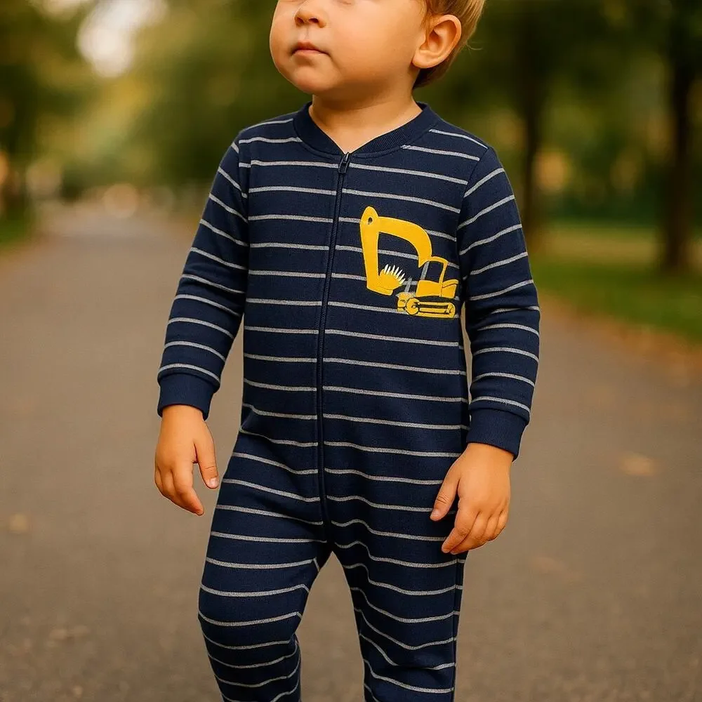 Carter's Boys Sleeper Size 4 Navy Blue Gray Excavator Construction Zipper Fleece